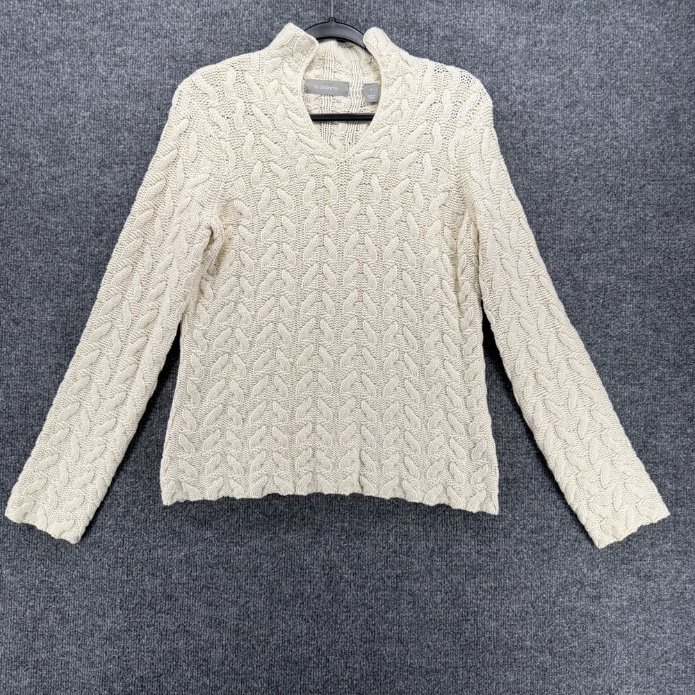 Liz Claiborne Sweater M Cream Pullover Chunky Knit Fisherman Ecru Fairy Cottage